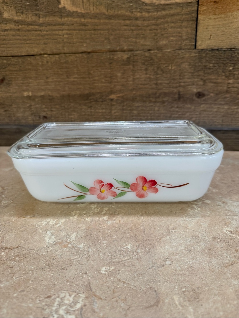 Fire King Milk Glass Peach Blossom Covered Casserole Dish
